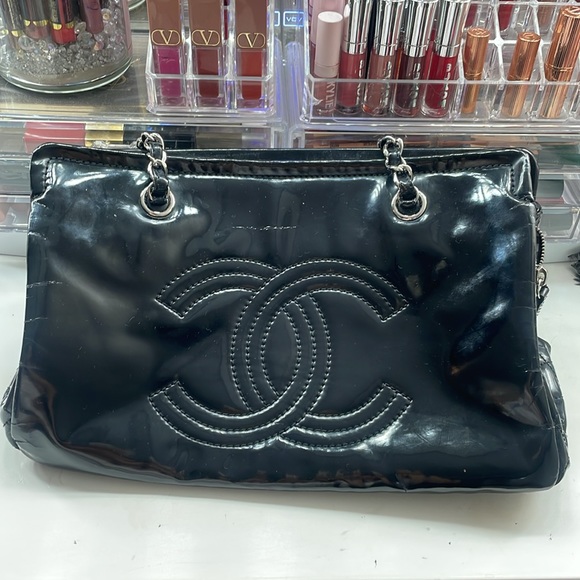 Chanel black patent leather GRAND SHOPPER TOTE GST BAG shoulder purse Authentic - Picture 14 of 17